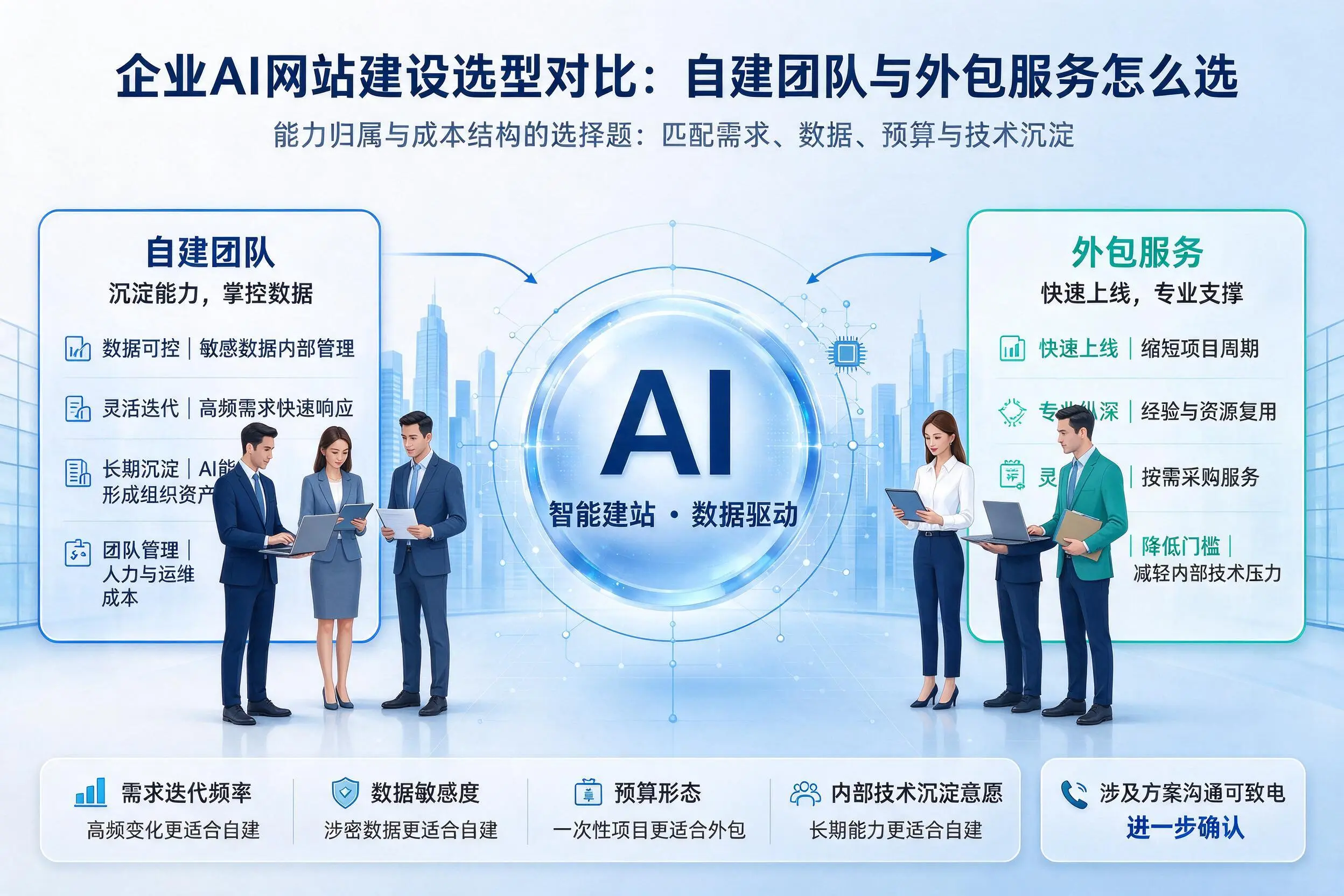 双河企业AI网站建设选型对比:自建团队与外包服务怎么选
